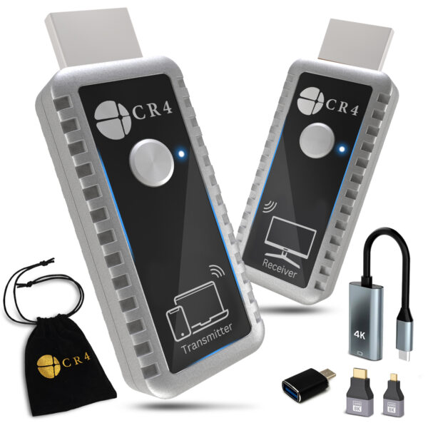 CR4 Wireless HDMI Transmitter and Receiver, Low-Latency 5G, Plug & Play, 4K In/1080P Out, Extender Kit to Stream Video/Audio from PC/Laptop/USB-C Phone (Like iPhone 15 or Newer) to Monitor/TV (Gray)